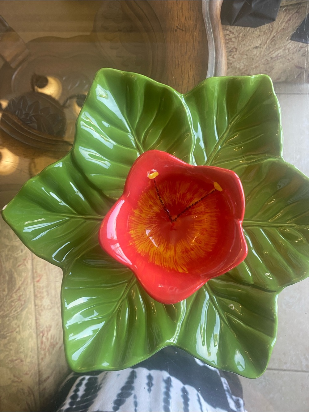 Green Leaf Serving Bowl with Red Flower Center